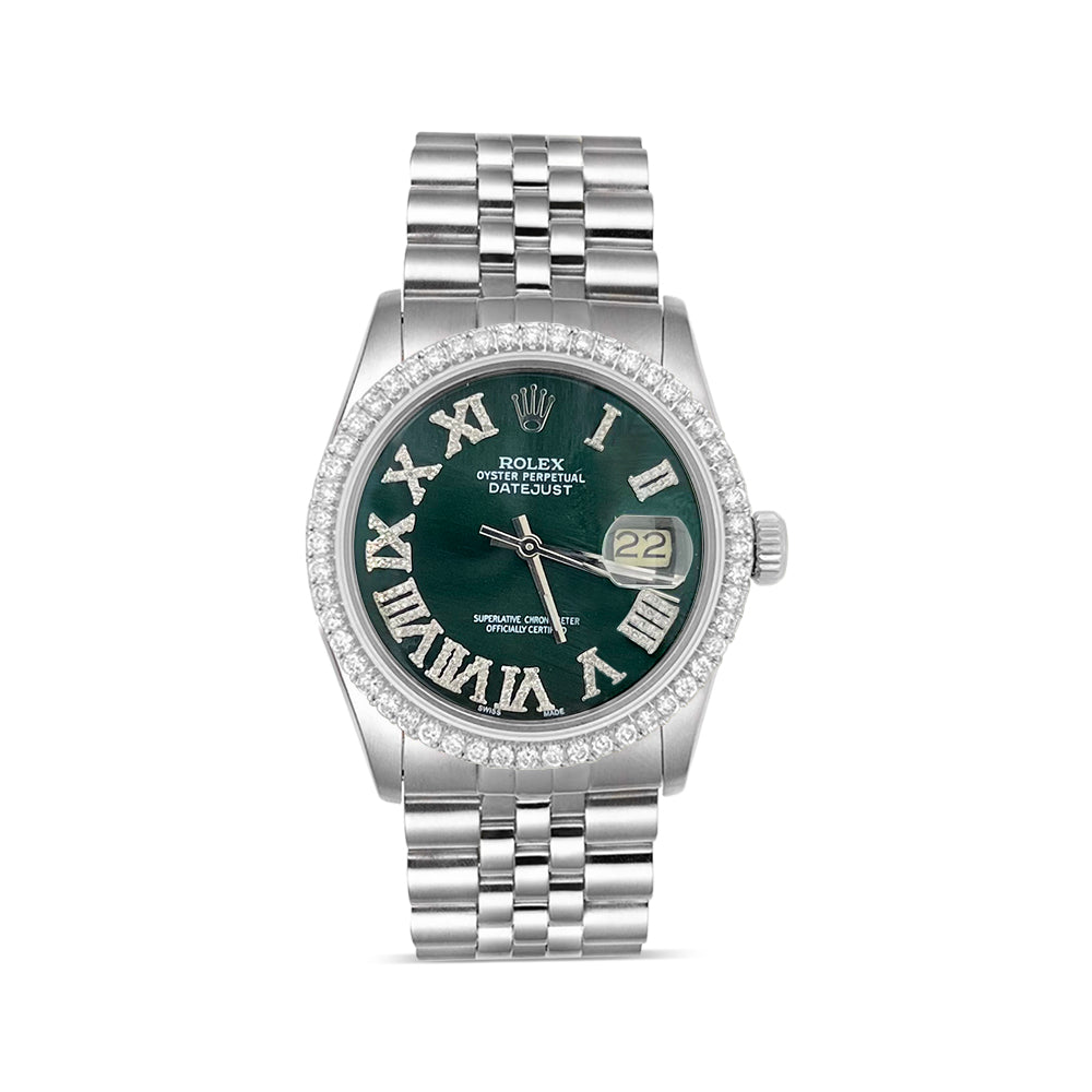 Rolex Datejust Diamond Bezel Watch 36mm Green Roman Diamond Dial | 1.65ct