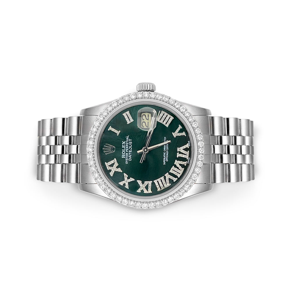 Rolex Datejust Diamond Bezel Watch 36mm Green Roman Diamond Dial | 1.65ct