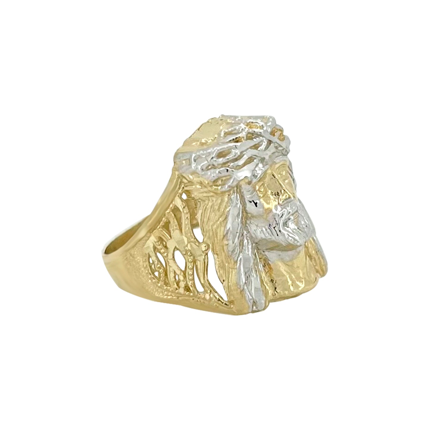 Anillo de dos tonos con cabeza de Jesús - Oro amarillo de 10 quilates