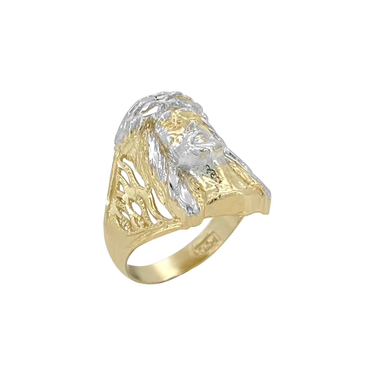 Anillo de dos tonos con cabeza de Jesús - Oro amarillo de 10 quilates