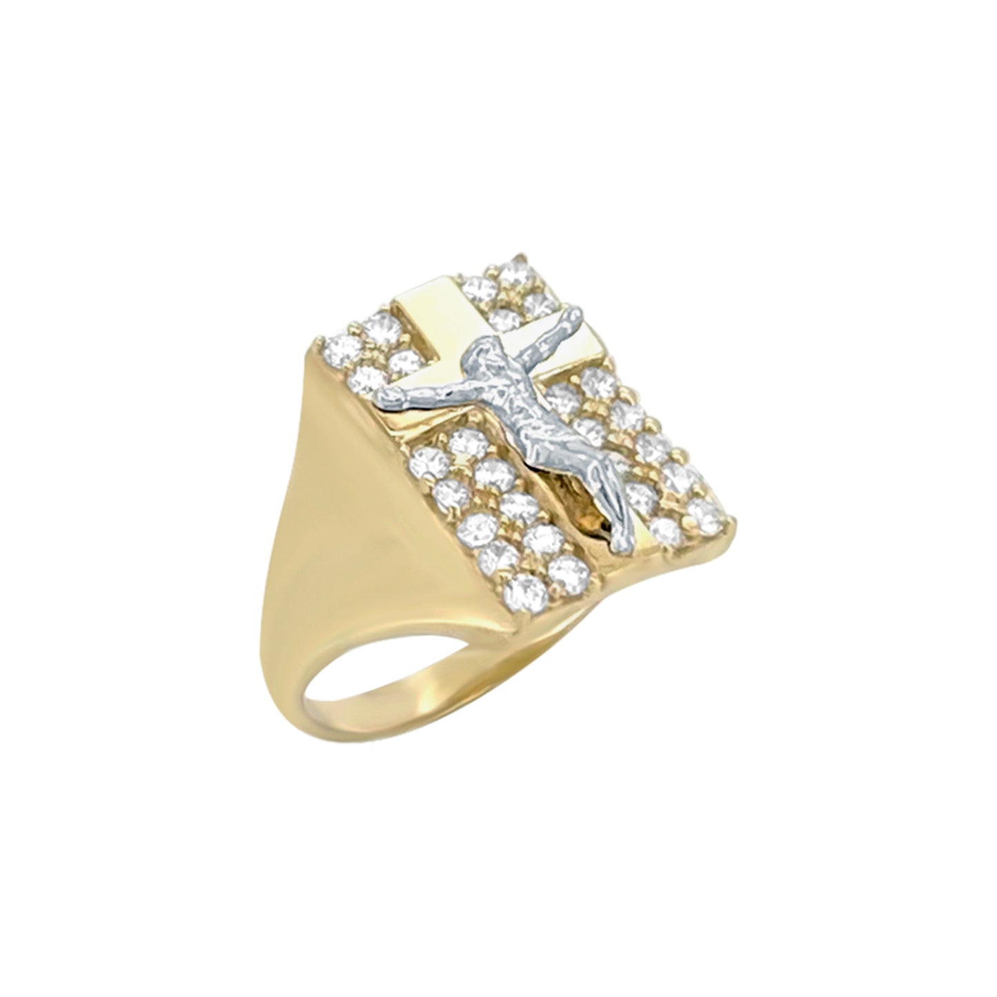 Anillo con crucifijo cruzado y circonita cúbica - Oro amarillo de 10 quilates
