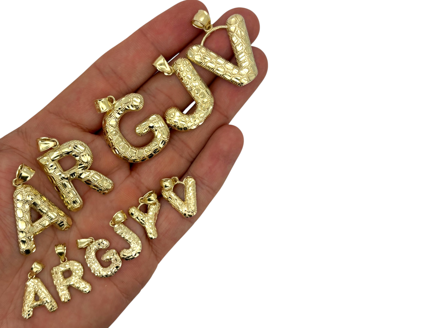 10K Solid Yellow Gold Diamond-Cut Nugget Bubble Initial Letter Pendant Charm for Men, Women, Kids & Babies Size Large