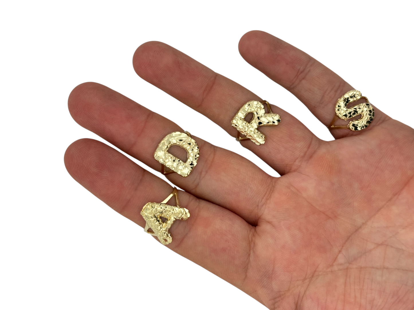 10K Solid Yellow Gold Nugget Bubble Initial Ring – Custom Letter Ring for Men & Women - ALL LETTERS