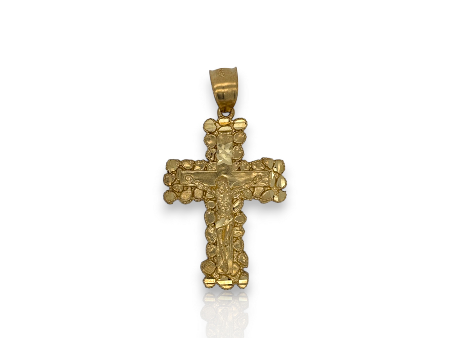 10k Yellow Nugget Gold Cross Pendant with Jesus Crucifix – Religious Christian Charm for Men or Women, Solid Gold Faith Jewelry