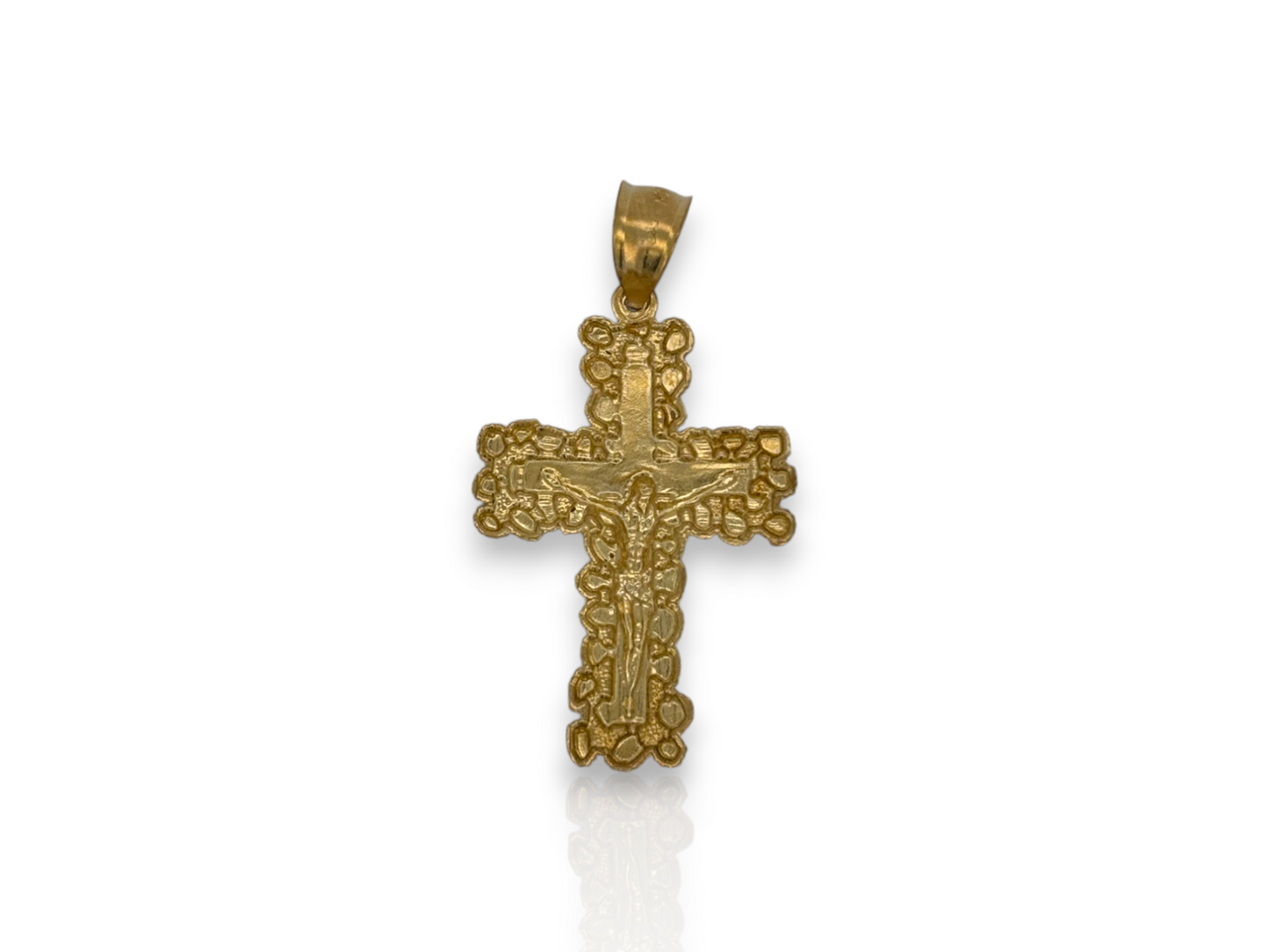 10k Yellow Nugget Gold Cross Pendant with Jesus Crucifix – Religious Christian Charm for Men or Women, Solid Gold Faith Jewelry