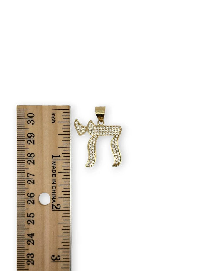 Chai Pendant With Cubic Zirconia CZ - 14k Yellow Gold
