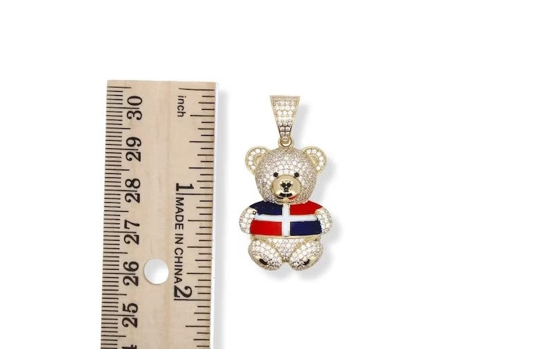 Colgante con osito de peluche con bandera de República Dominicana con circonita cúbica - Oro amarillo de 14 k