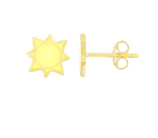 SOLID 14K Gold Sunburst Enamel Earrings, Thinner Push Back Studs Woman, Yellow Gold