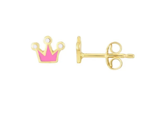 SOLID 14K Gold Crown Enamel Earrings, Thinner Push Back Studs Woman, Yellow Gold