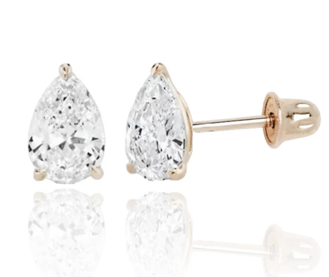 14K Solid Gold GRA Certified D Color VVS1 Pear Teardrop Shaped Moissanite Stud Earrings | Pushback Studs- Screwback studs - Cubic Zirconia