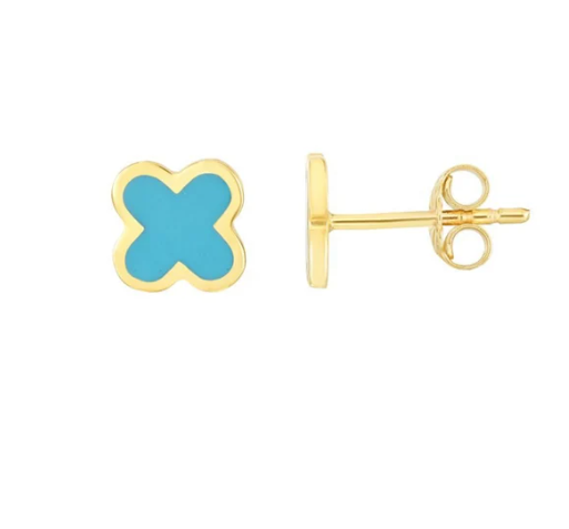 SOLID 14K Gold Clover Enamel Earrings, Thinner Push Back Studs Woman, Blue Yellow Green Pink