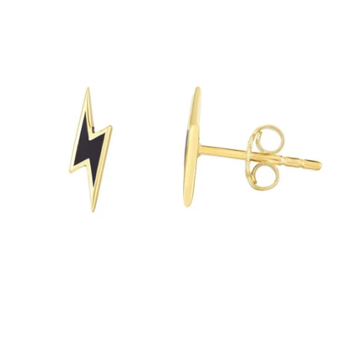 SOLID 14K Gold Lightning Bolt Enamel Earrings, Thinner Push Back Studs Woman, Black and Yellow