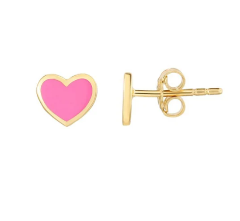 SOLID 14K Gold Heart Enamel Earrings, Thinner Push Back Studs Woman, Red and Pink