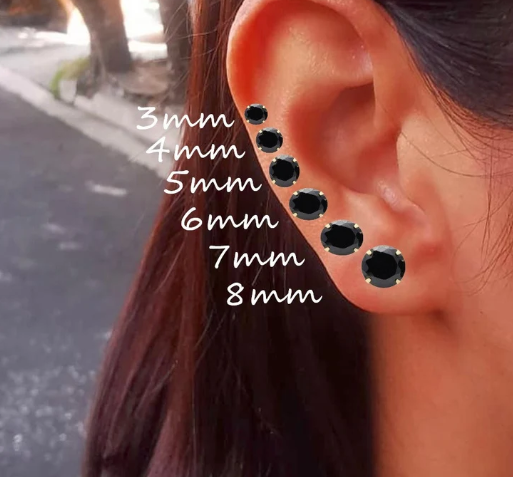 14K Pure Solid Light Prong Martini Set Earrings| Black Round Solitaire Cut Studs | White Gold Pushback Studs | Black WCZ Studs