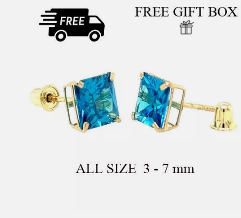 14K Solid Yellow Gold Square Princess Cut CZ Birthstone Stud Earrings All Size