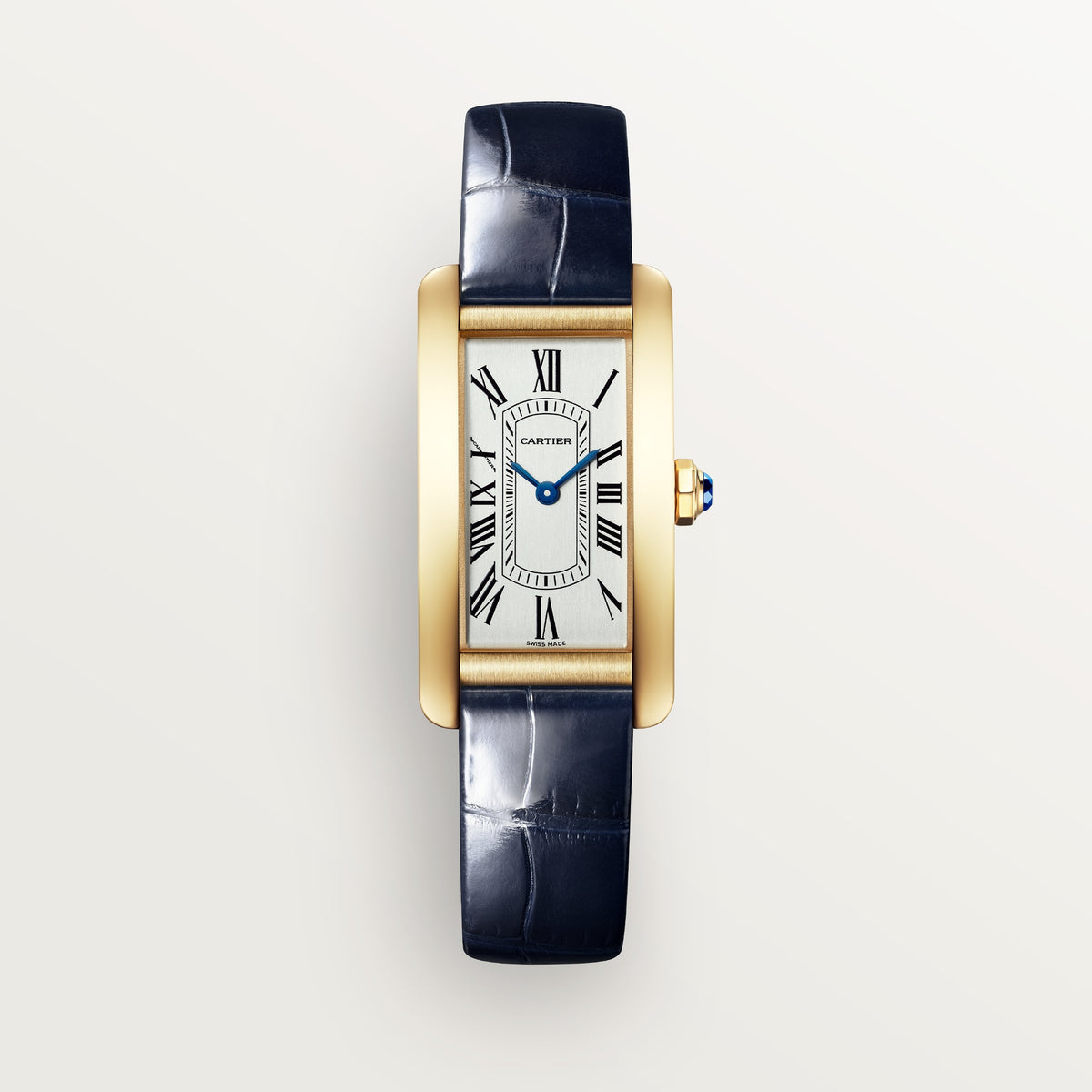 Cartier Tank Américaine WGTA0356 - Small model 18K yellow gold, Silvered satin-brushed Dial, Shiny navy blue alligator leather strap