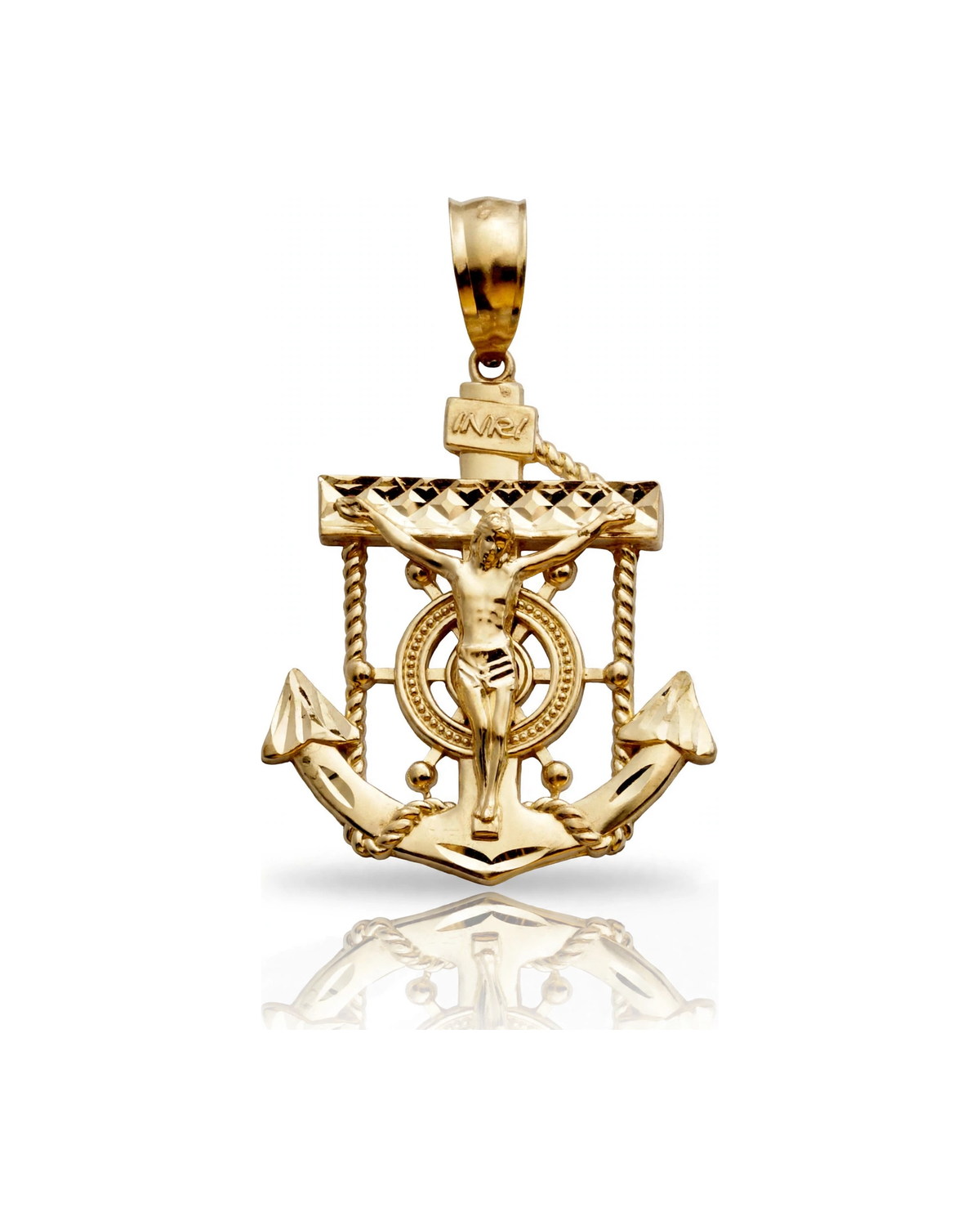 Anchor Crucifix Pendant with INRI Plaque Large - 10K Yellow Gold