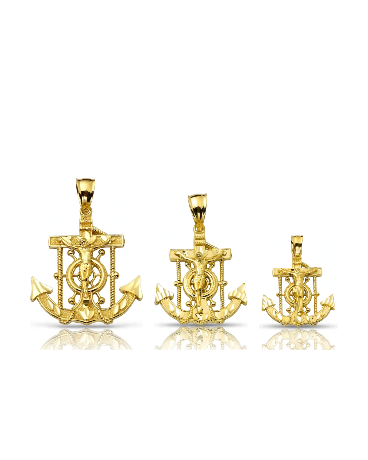 Anchor Crucifix Pendant Mini with Ship Wheel - 10K Yellow Gold