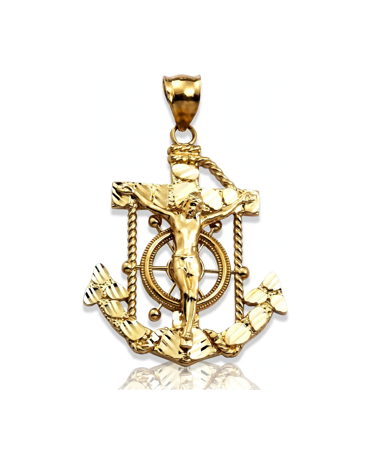 Anchor Crucifix Pendant with Ship Wheel and Corpus - 10K Yellow Gold
