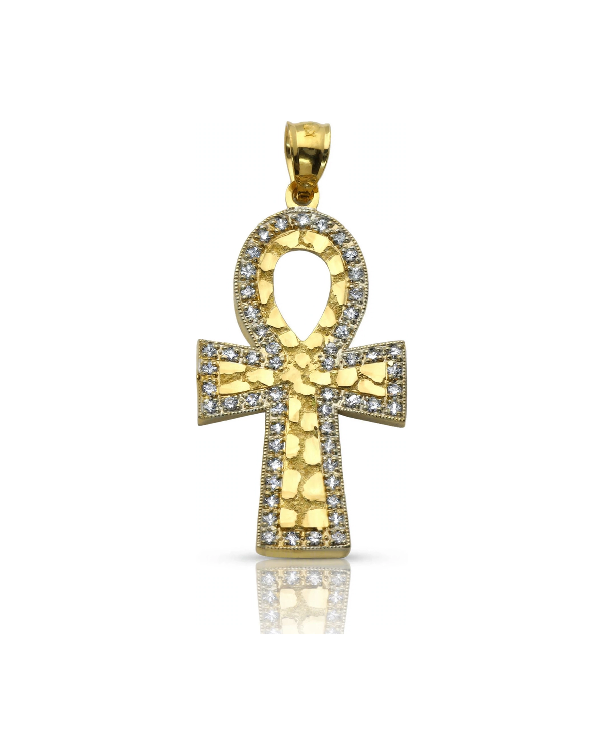 Ankh Cross Nugget CZ Border Pendant - 10K Yellow Gold