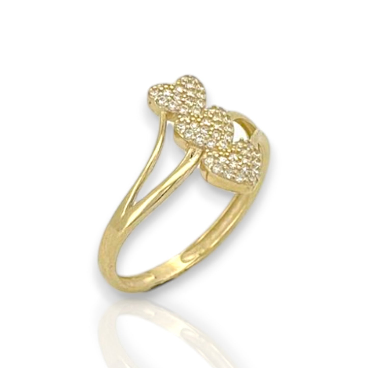 Anillo con triple corazón y circonita cúbica - Oro amarillo de 10 quilates