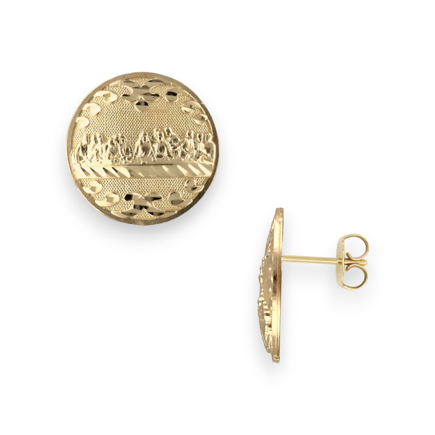 Aretes redondos con talla de diamante de la Última Cena Sólidos - Oro amarillo de 10 quilates