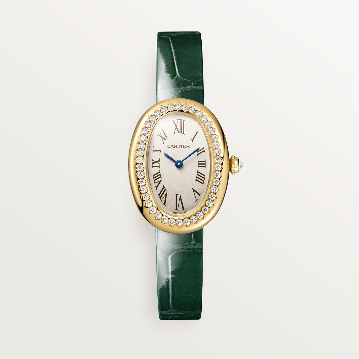 Cartier Baignoire WJBA0054 - Small model 18K yellow gold, Silvered Dial, Varnished green alligator leather strap