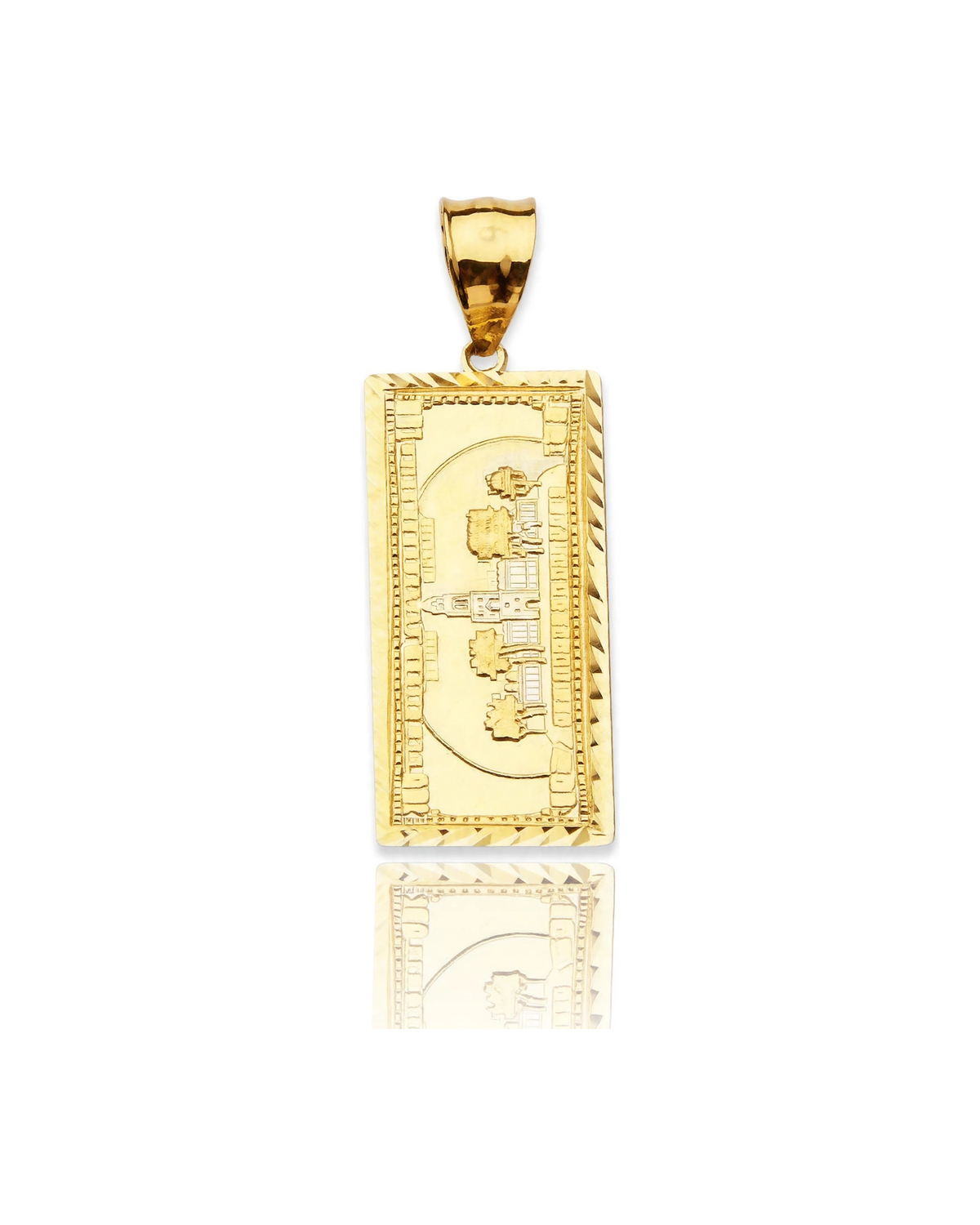 $100 Bill Bar Pendant with Building Reverse Design - 10K Yellow Gold