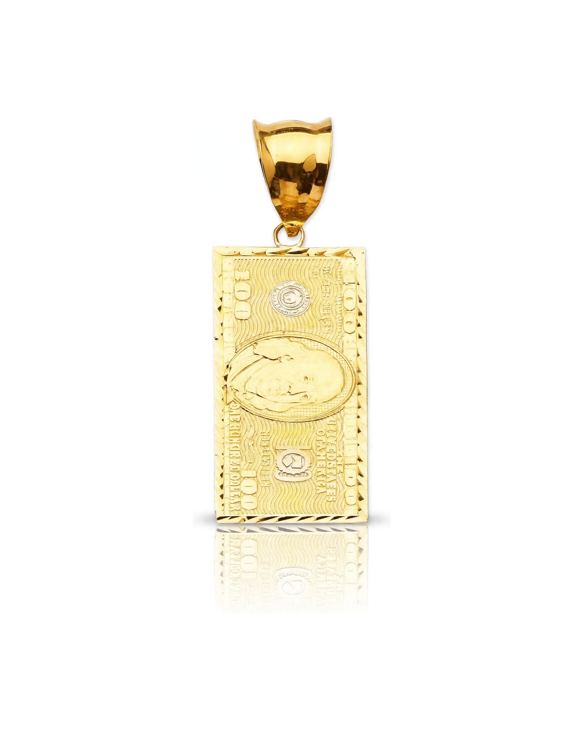 $100 Bill Bar Pendant with Oval Frame Portrait - 10K Yellow Gold