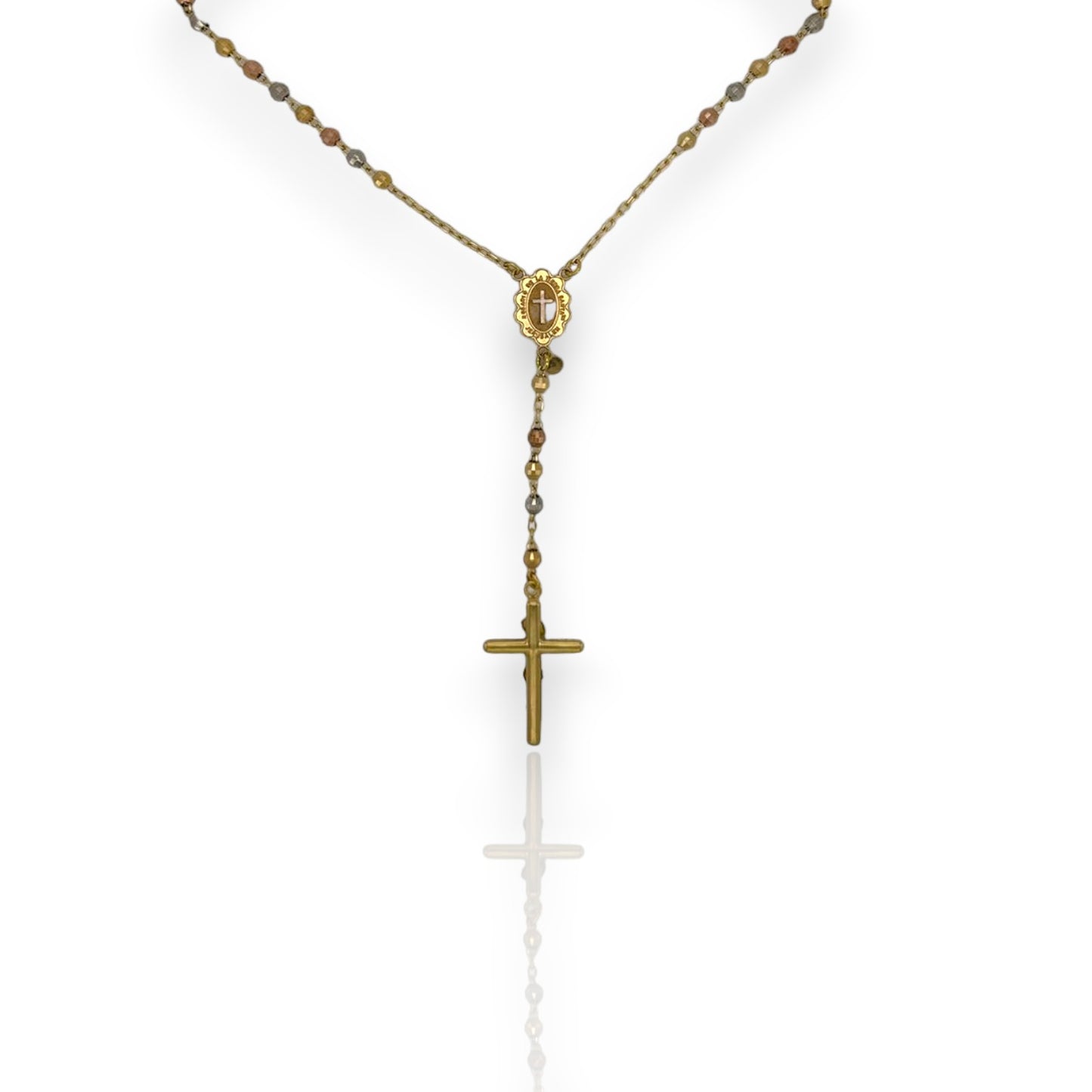 Diamond-Cut Cross Rosary Crucifix Chain Necklace 10K Tri-Color Gold