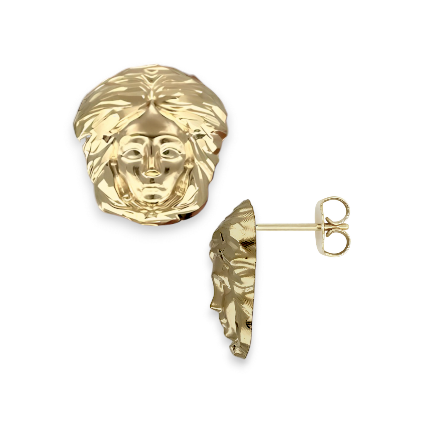 Medusa Head Stud Earrings Solid - 10K Yellow Gold
