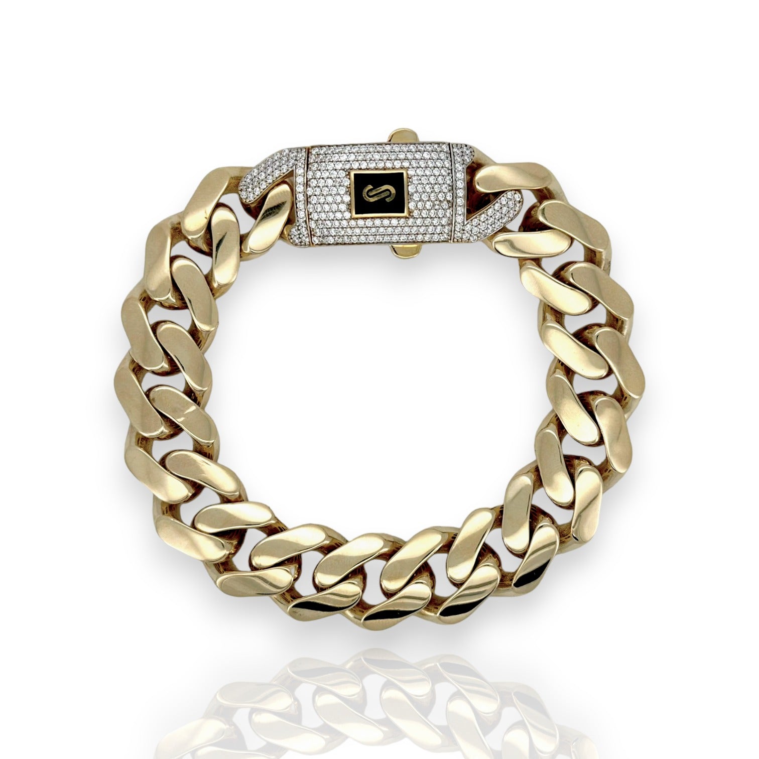 Monaco Chain Miami Cuban Royal Link CZ Lock Bracelet 14K Yellow