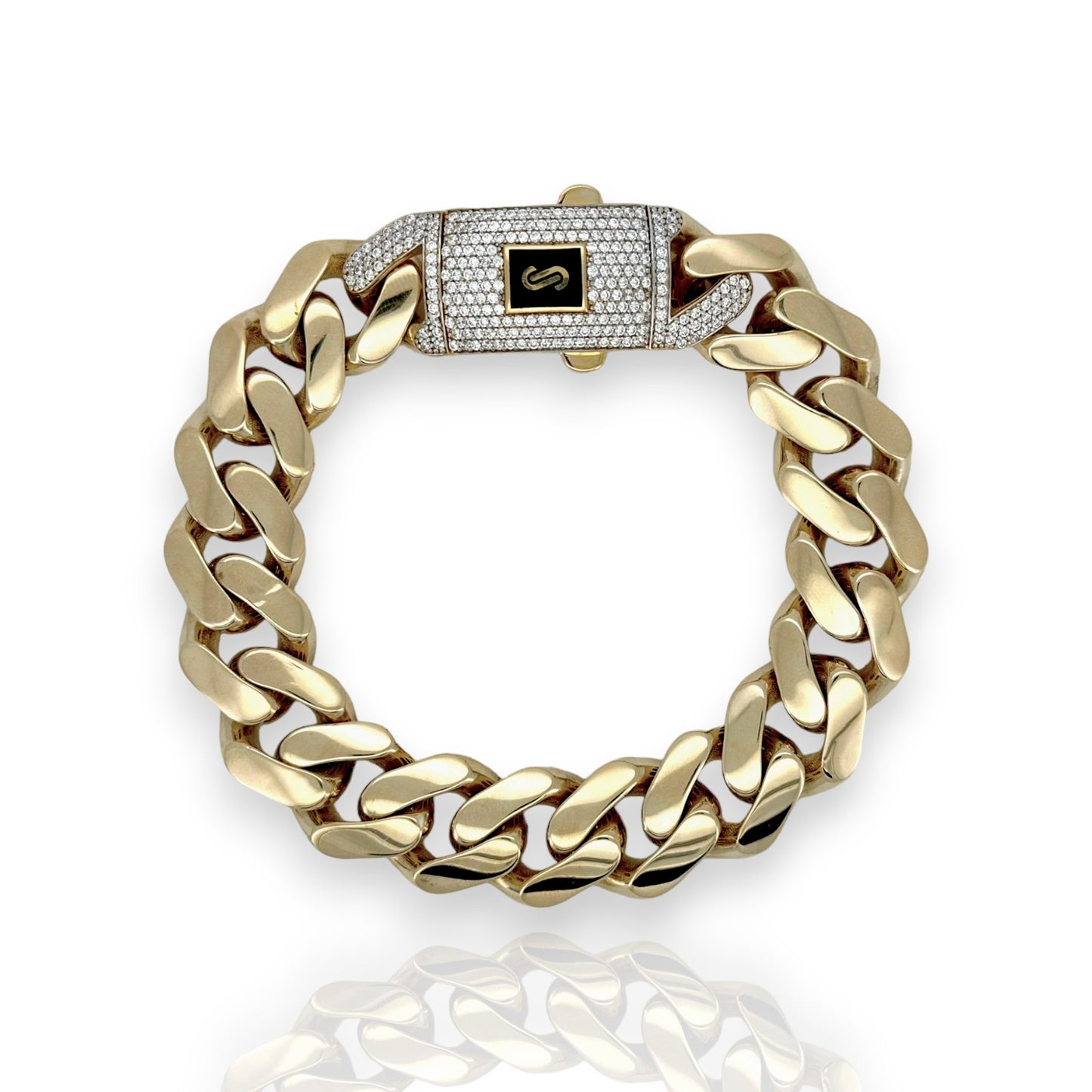 Monaco Chain Miami Cuban Royal Link CZ Lock Bracelet 14K Yellow Gold - Hollow