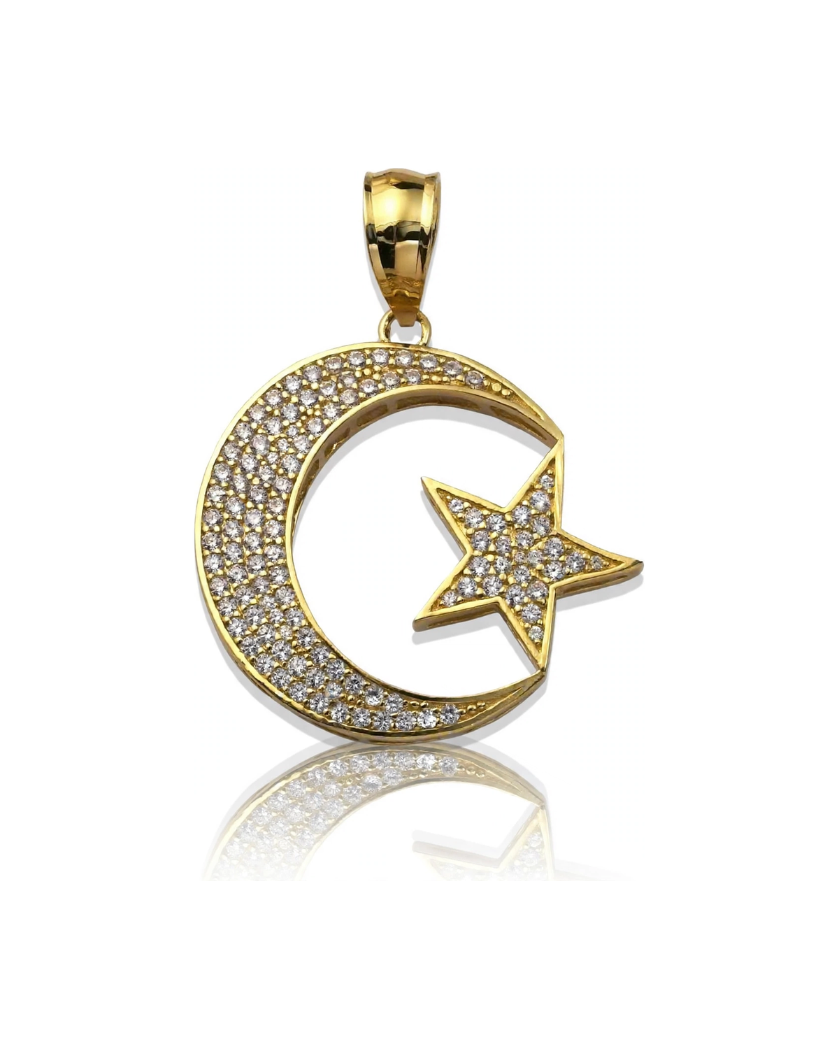 Crescent Moon and Star Pendant with CZ Large - 10K Gold
