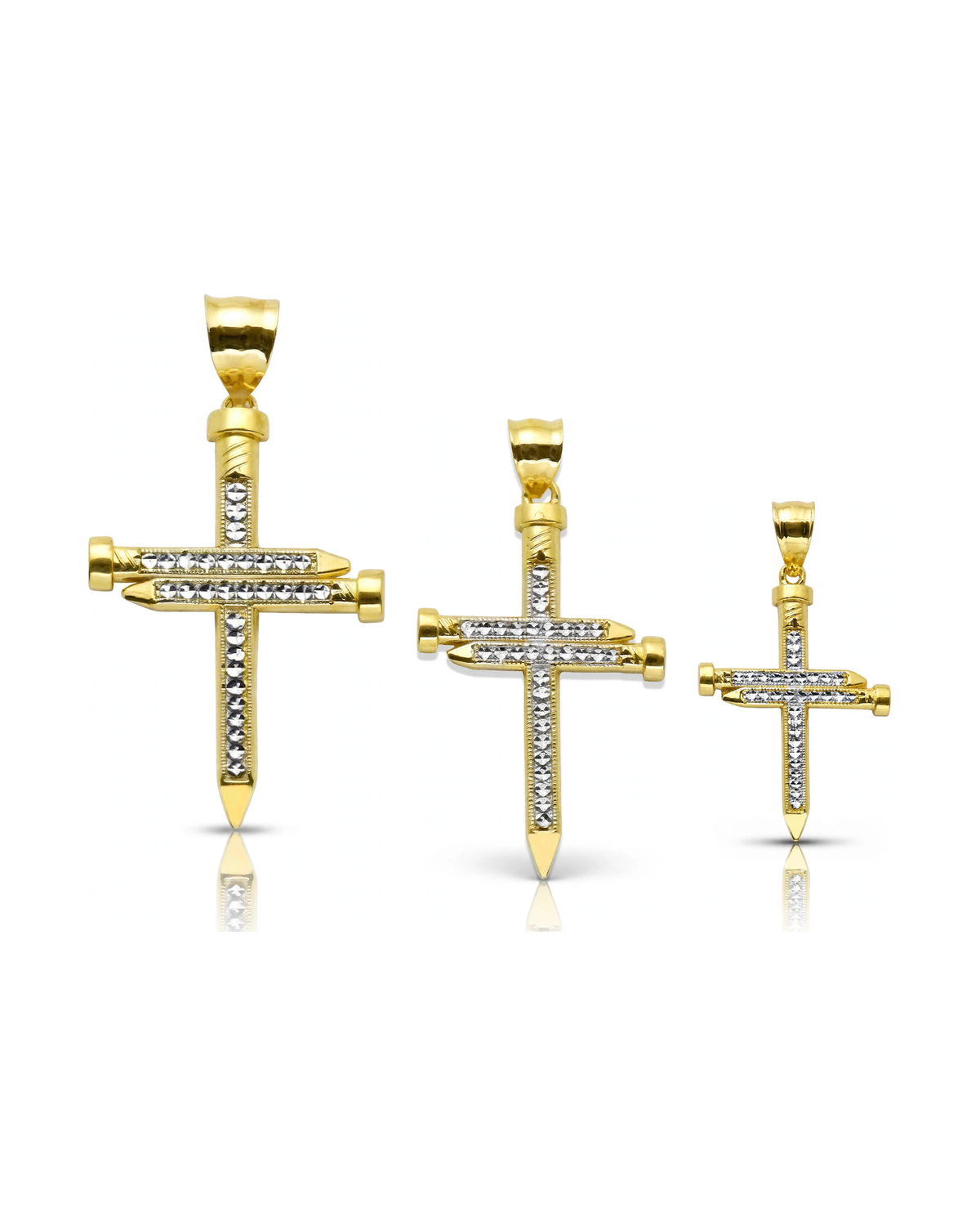Nail Cross CZ Row Pendant - 10K Yellow Gold