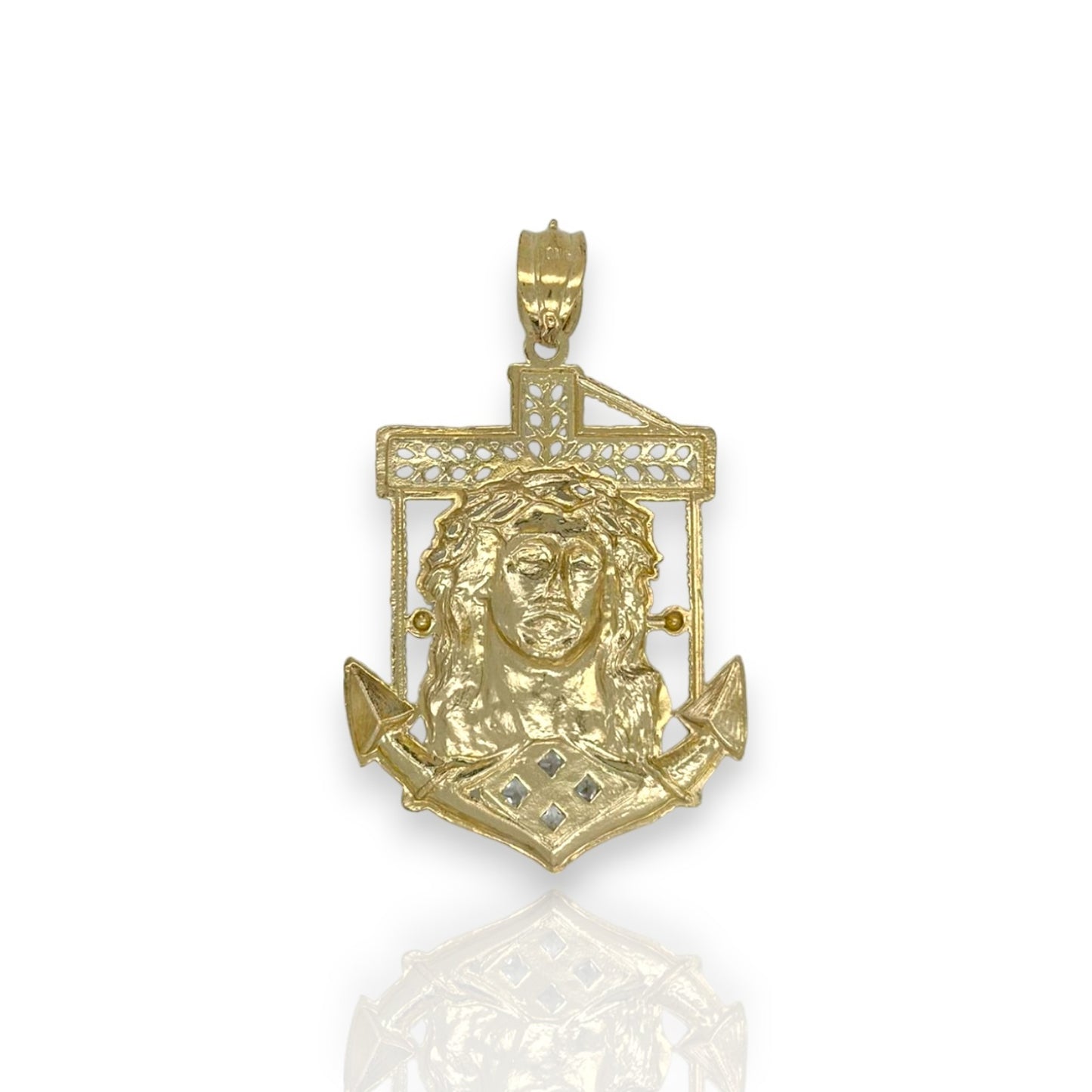 Colgante de ancla de dos tonos de Jesús con circonita cúbica - Oro amarillo de 10 k