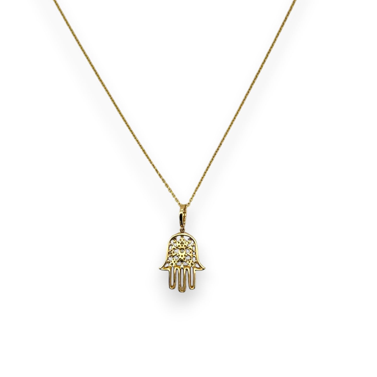 Hamsa Diamond Pendant With Cable Chain - 14K Yellow Gold
