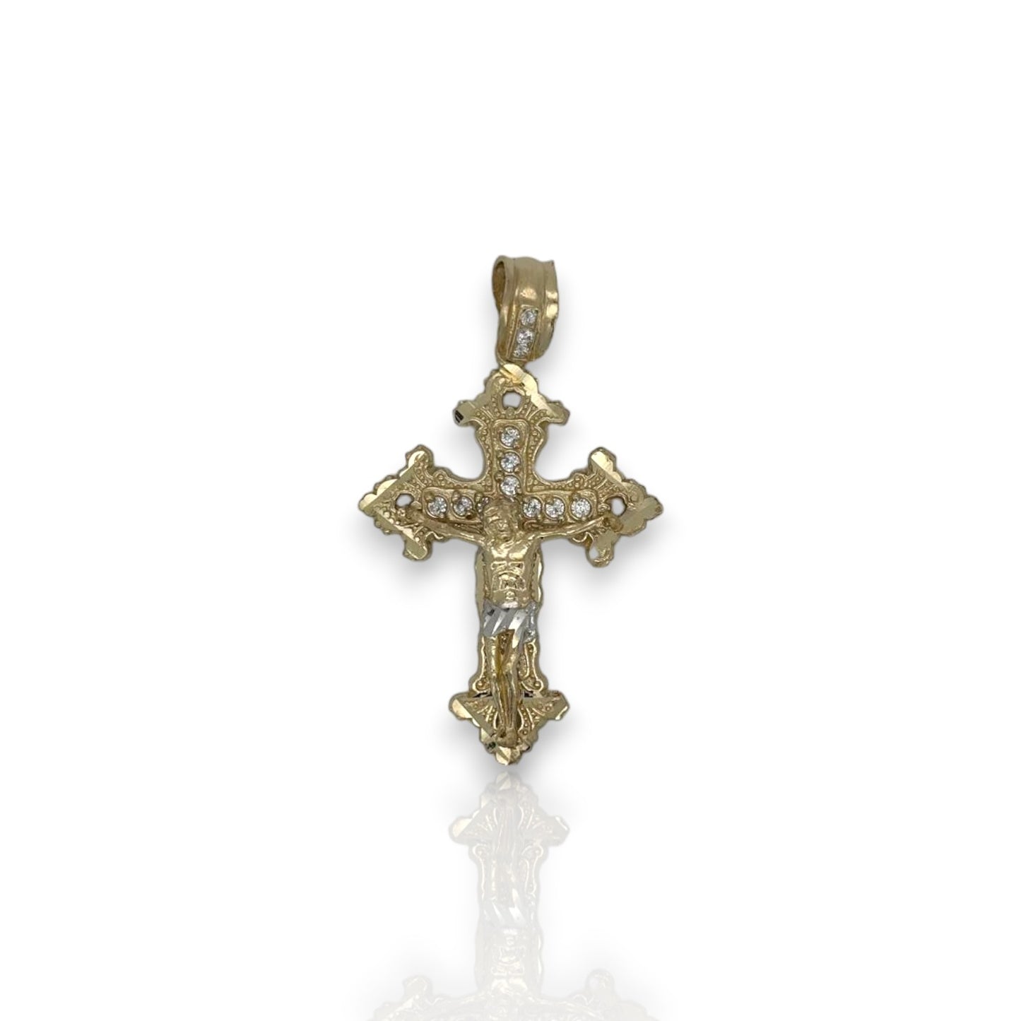 Cross Crucifix Two Tone Cz Pendant - 10k Yellow Gold