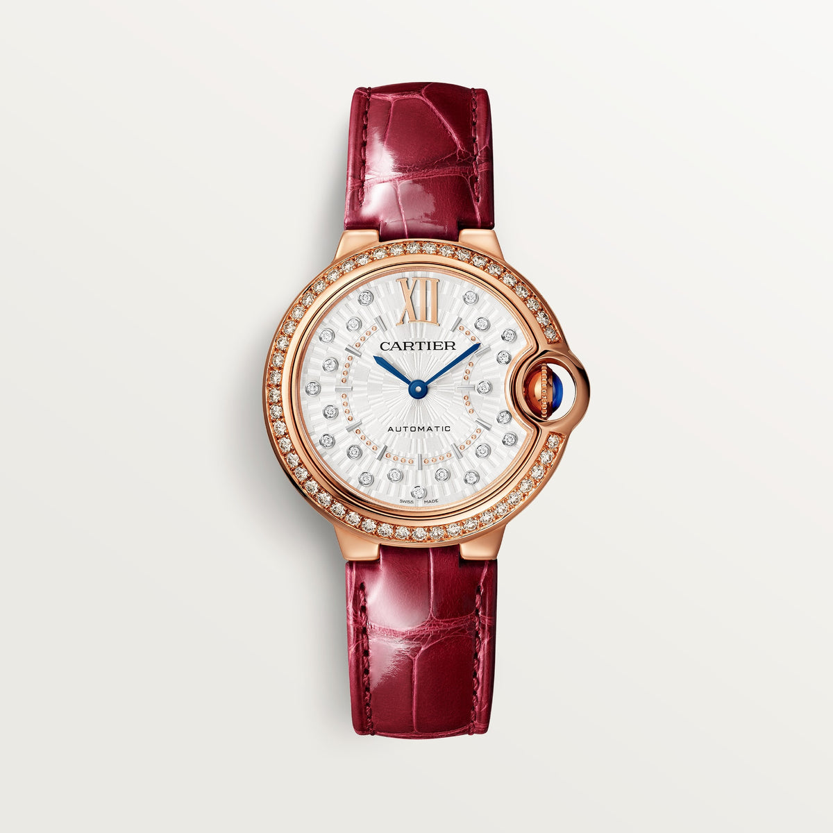 Cartier Ballon Bleu de Cartier WJBB0080 - 33 mm Rose gold, Matt silvered sunray with 21 diamonds (0.10 ct) Dial, Burgundy alligator leather strap
