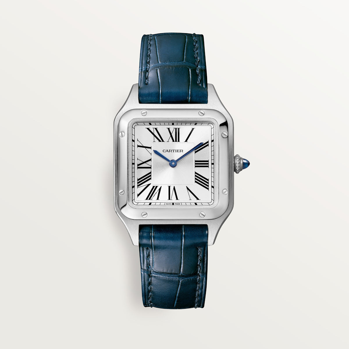 Cartier Santos-Dumont WSSA0086 - Small model Steel, Satin-brushed silver sunray Dial, Navy blue alligator strap