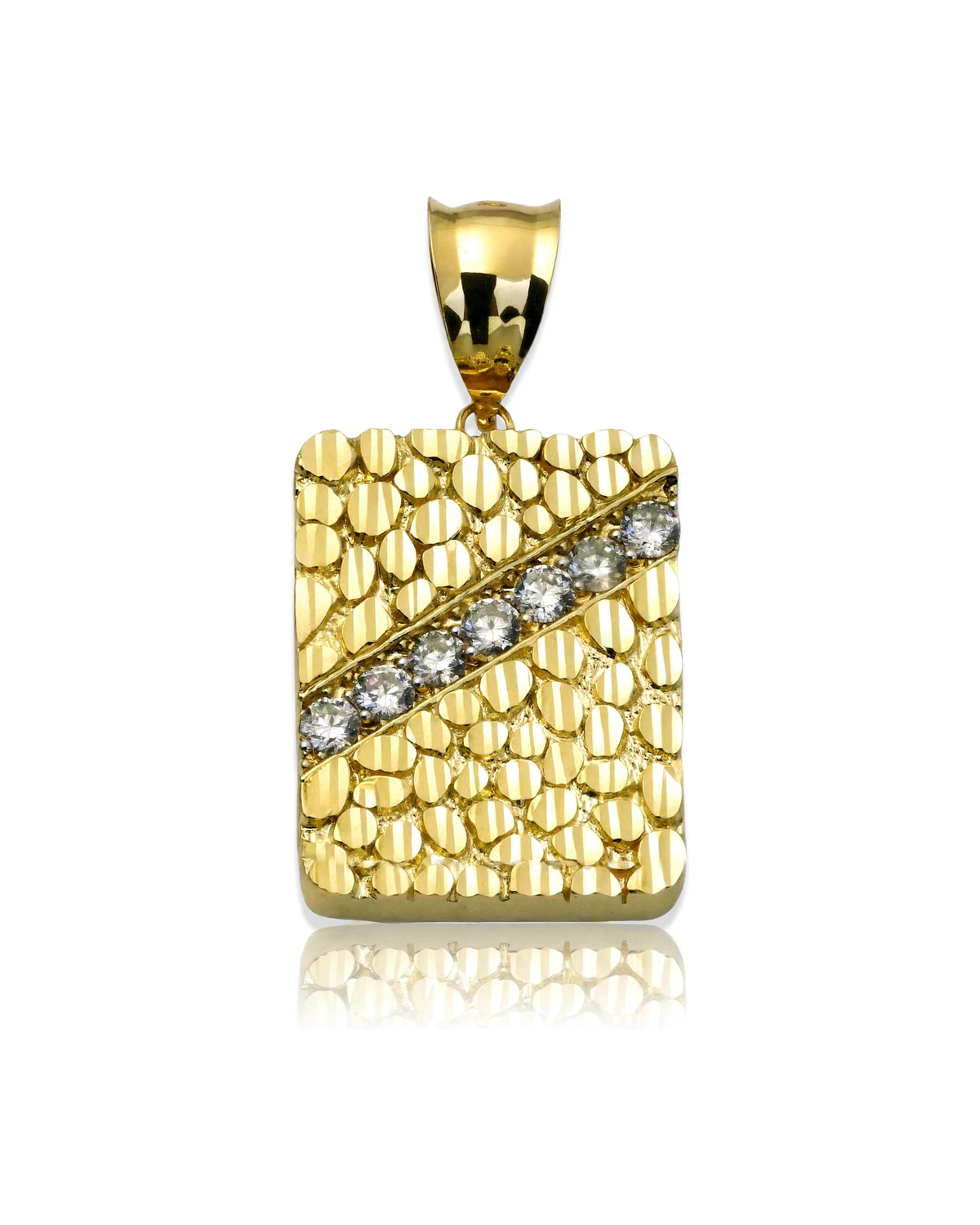 Dog Tag Pendant with Nugget Texture and CZ Stripe - 10K Gold