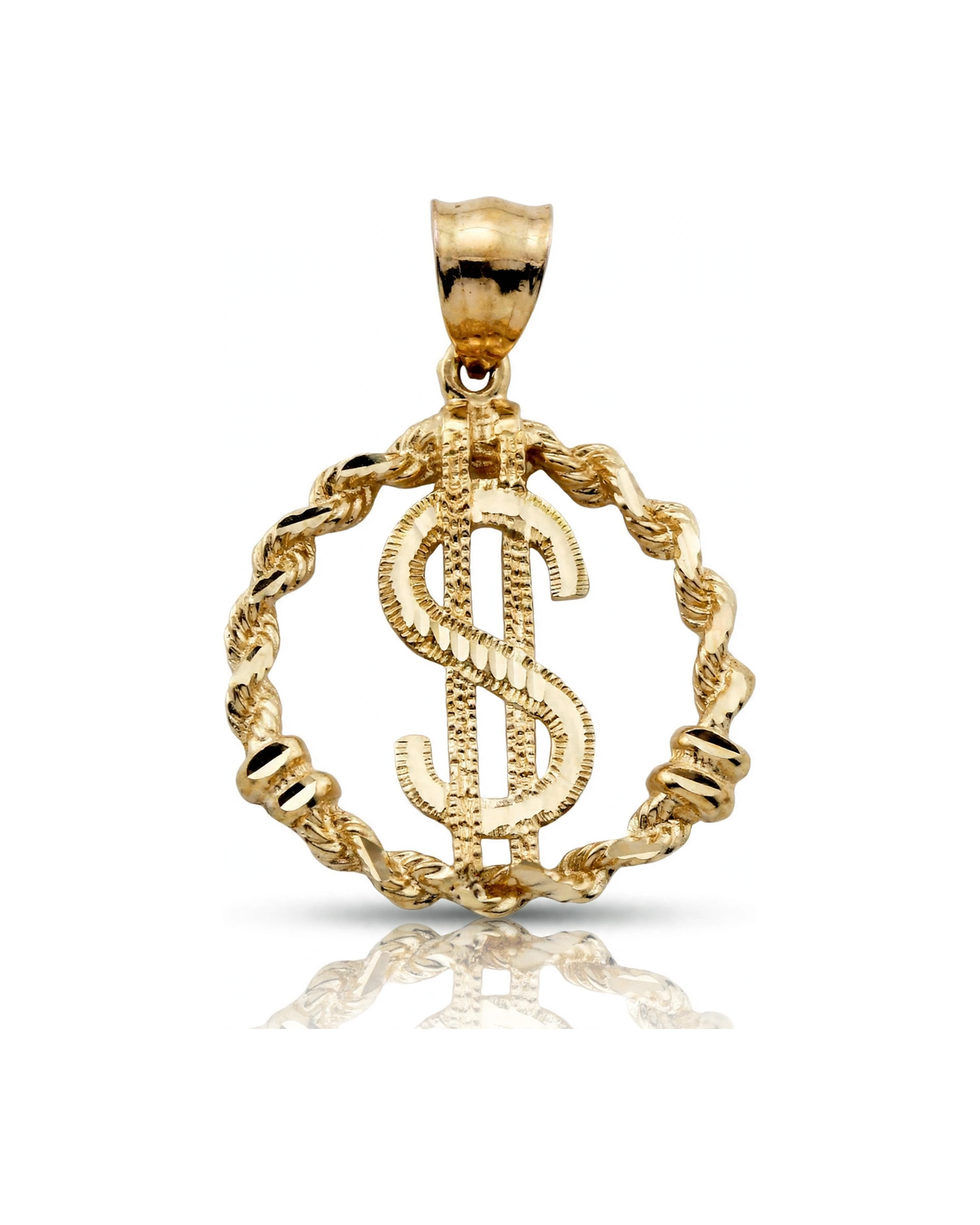 Dollar Sign Pendant in Rope Circle - 10K Yellow Gold