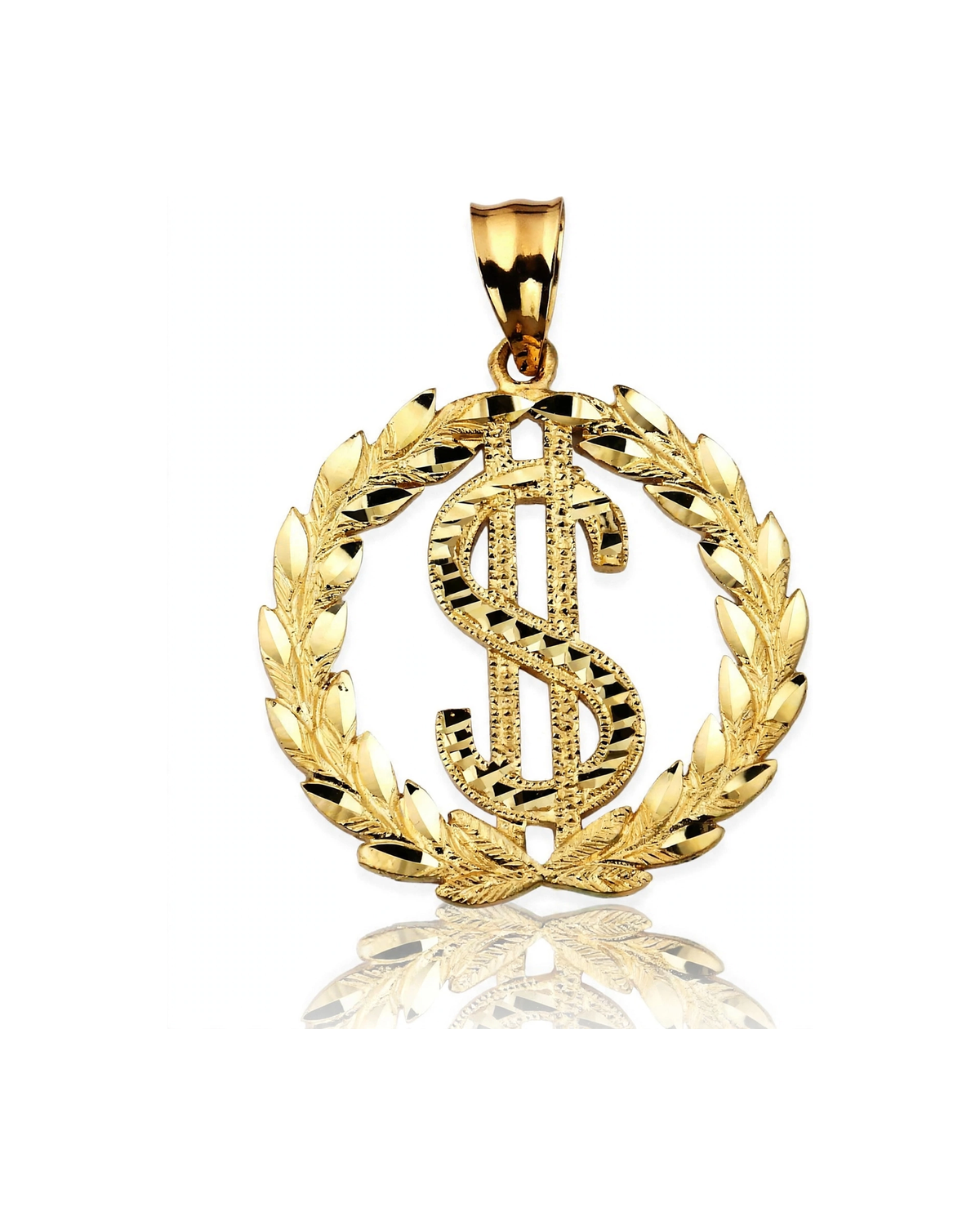 Dollar Sign Laurel Wreath Pendant - 10K Yellow Gold