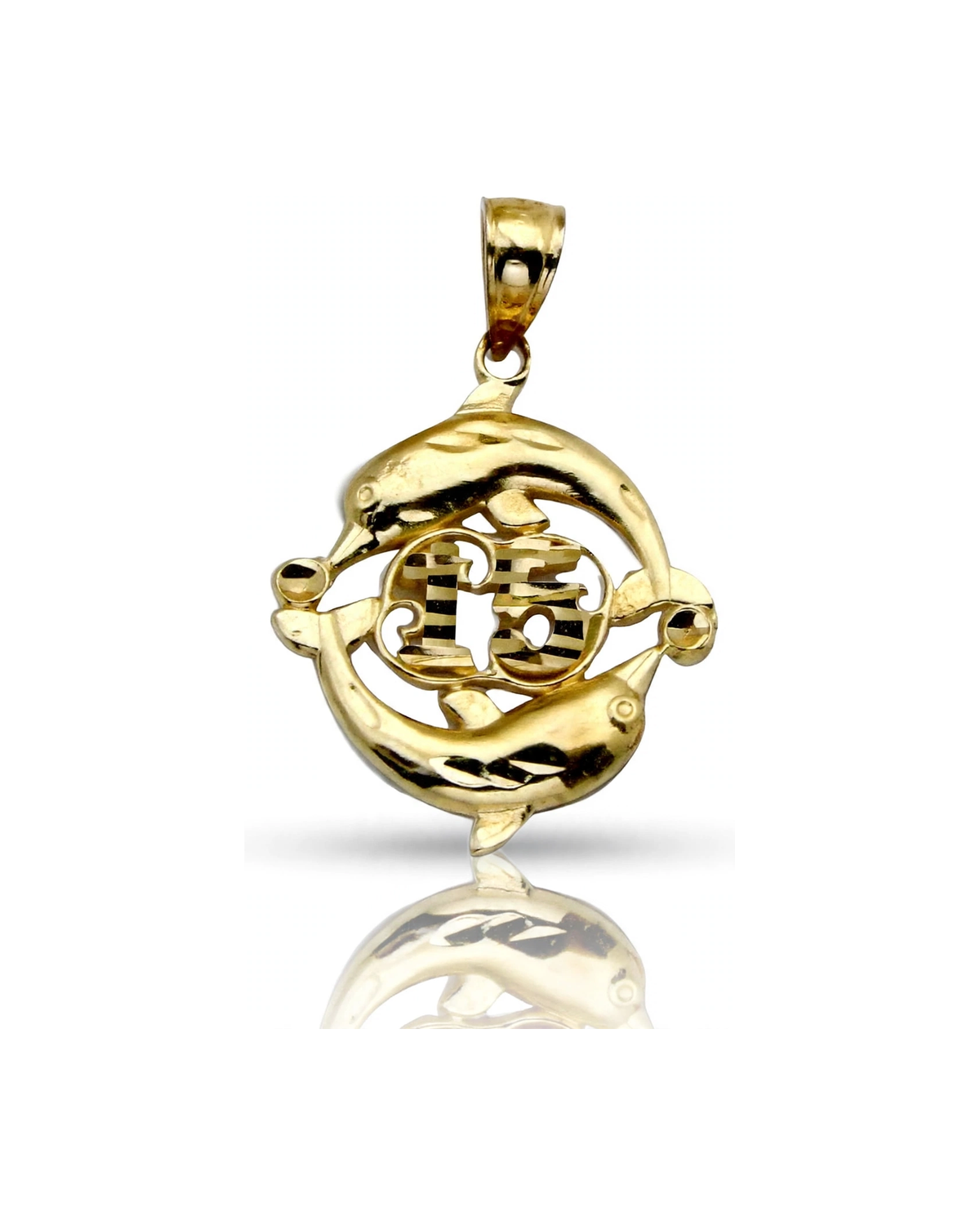 Dolphins Pendant Yin Yang with Fortune Symbol - 10K Yellow Gold