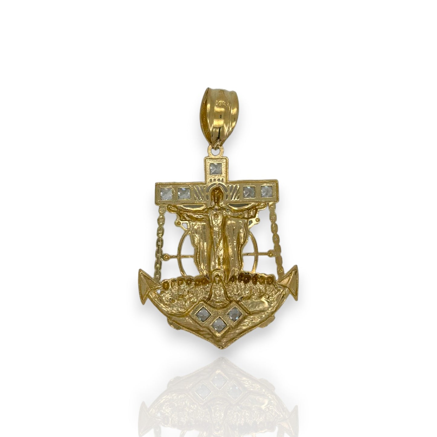 Colgante de ancla de dos tonos de Jesús con circonita cúbica - Oro amarillo de 10 k