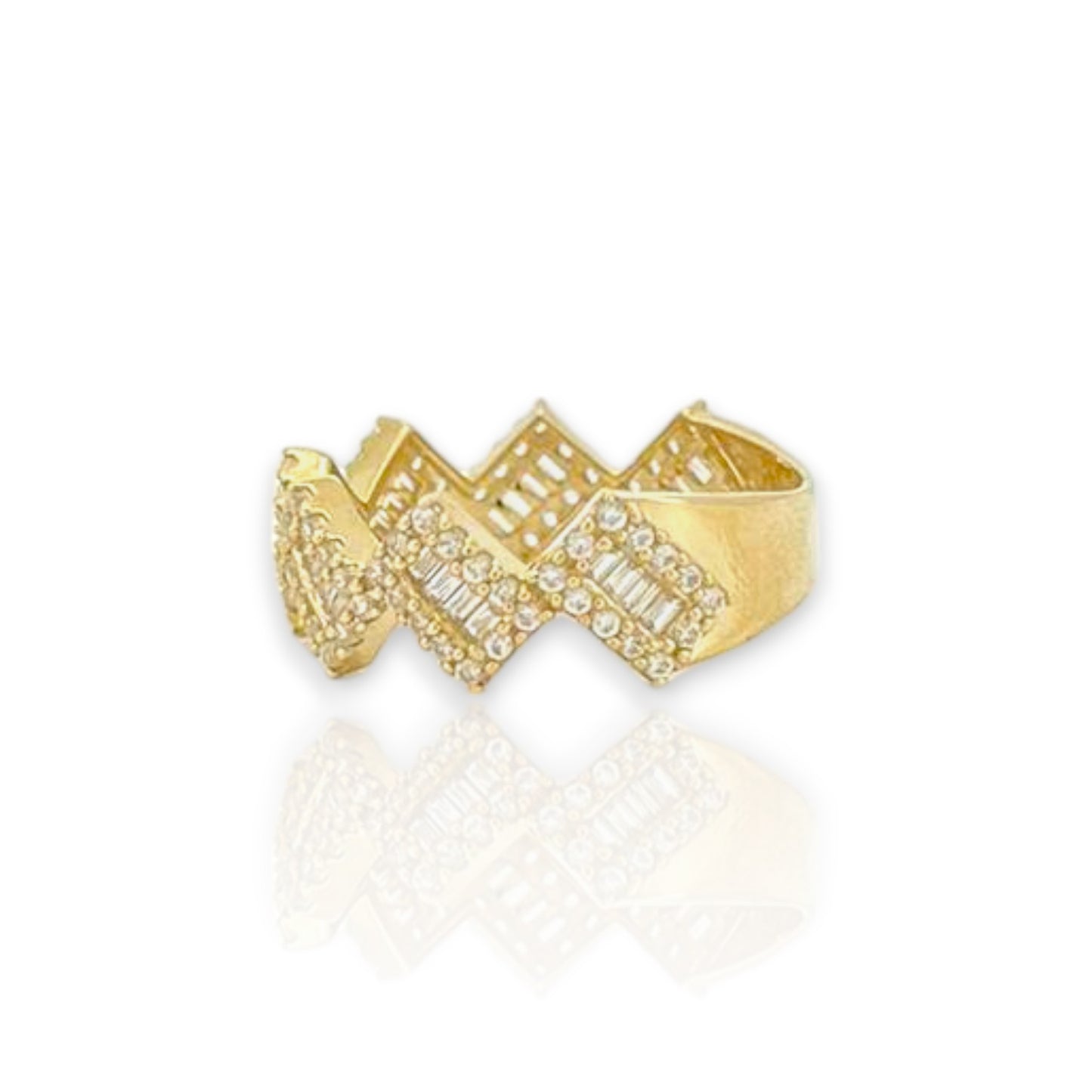 Miami Cuban Link Round And Baguette Cut Cz Ring - 10k Yellow Gold