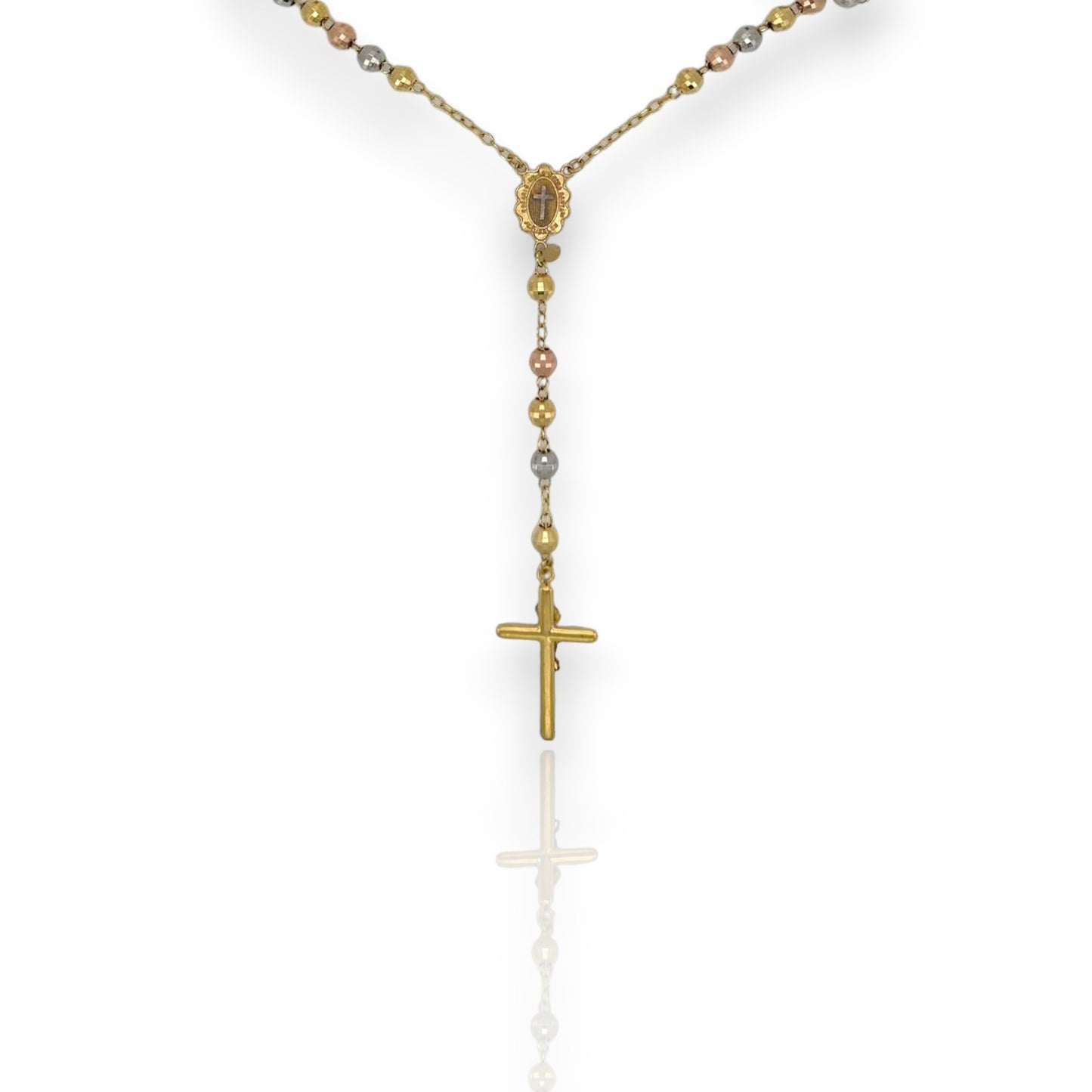 Diamond-Cut Cross Rosary Crucifix Chain Necklace 10K Tri-Color Gold