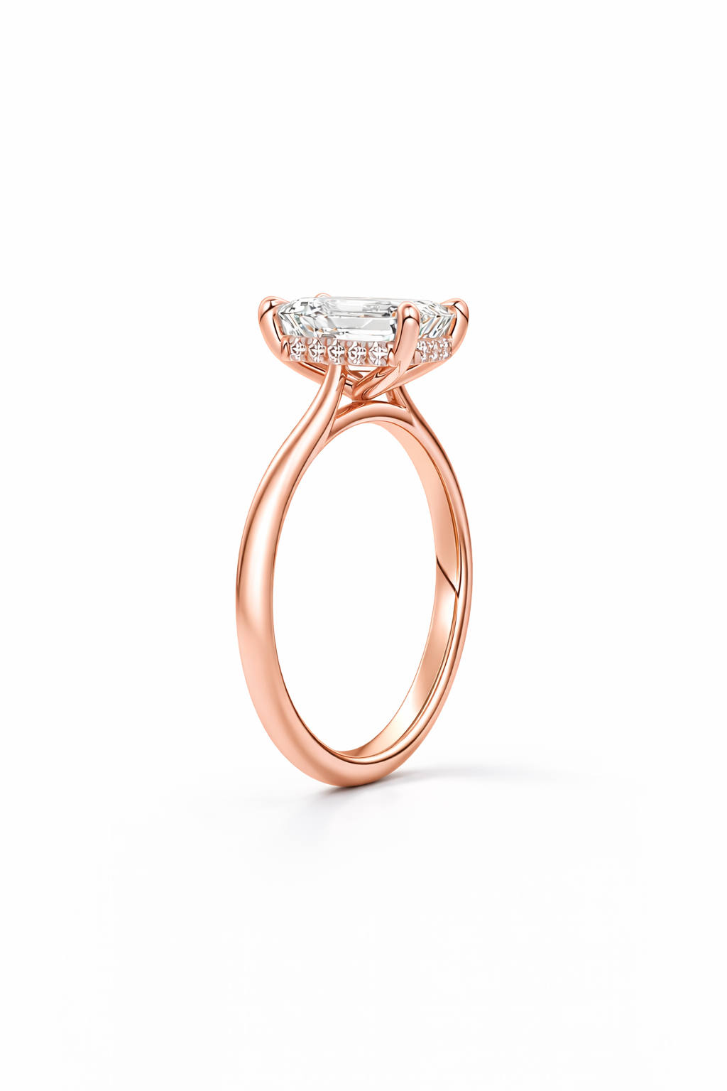 14K Emerald Solitaire — Cathedral Flat Band Hidden Halo