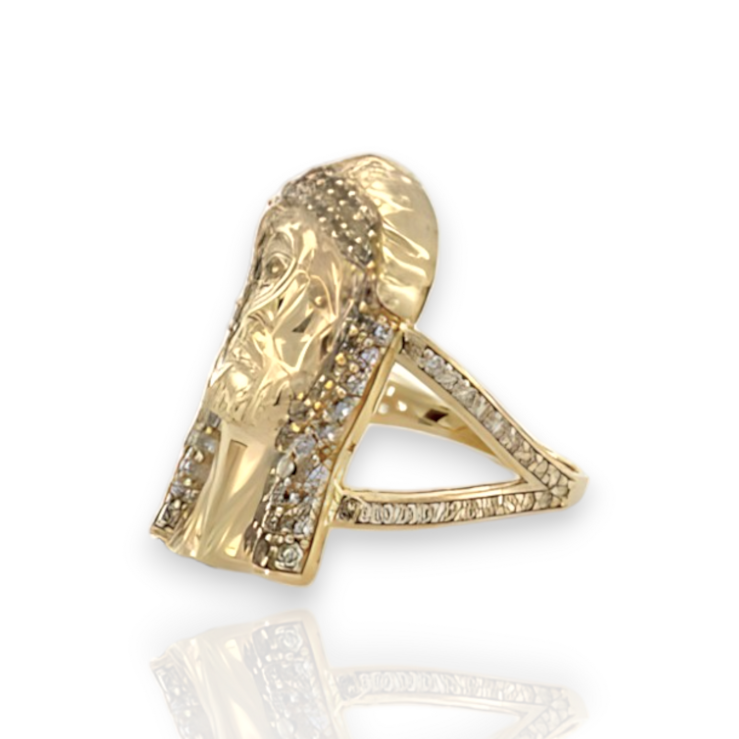 Anillo grande con circonita cúbica y cabeza de Jesús - Oro amarillo de 10 quilates
