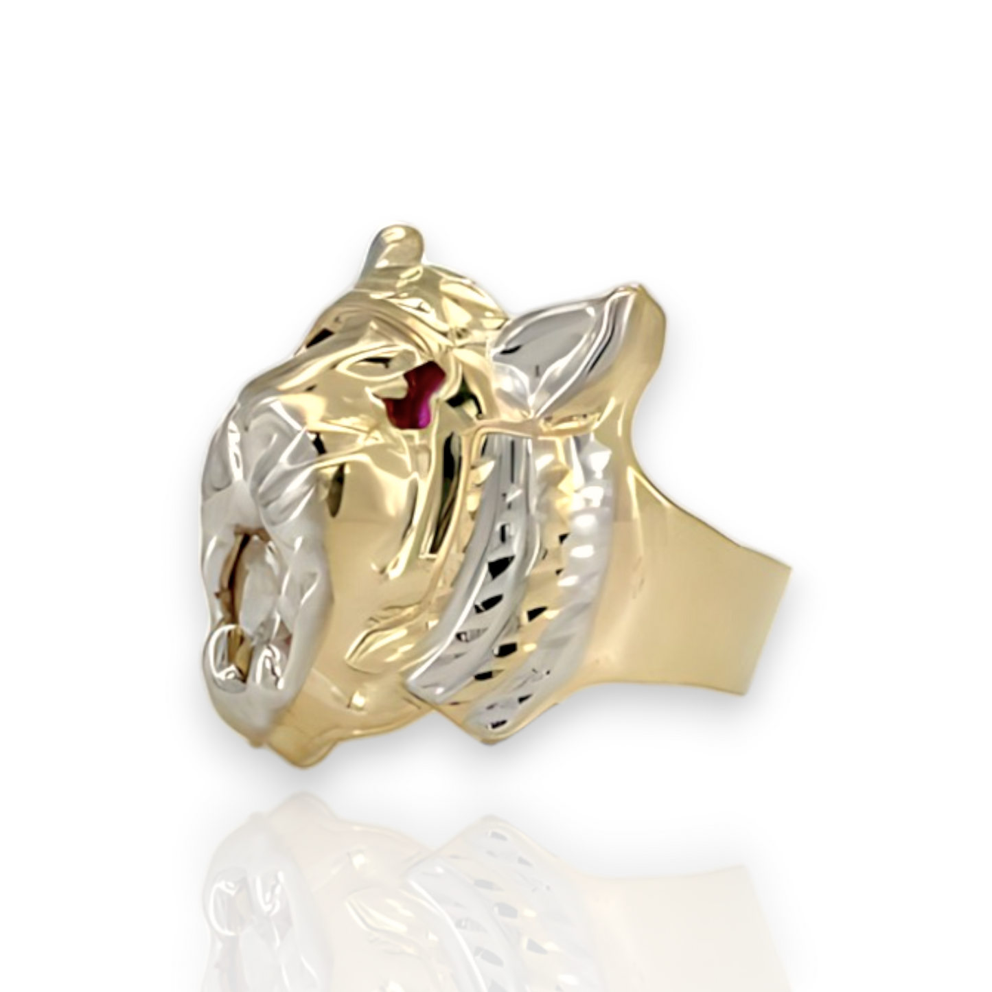 Textured Tiger Head Ruby Eyes CZ Yellow Gold Ring - 10K Yellow Pave